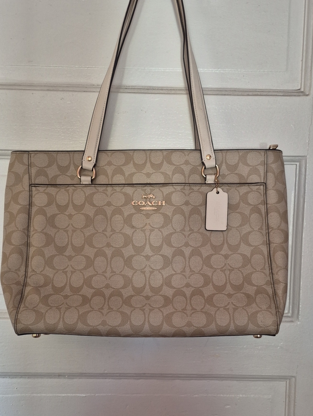 Coach Beige Signature Canvas Tote with Chalk Leather Straps